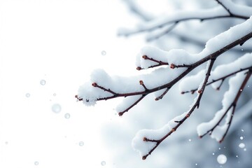 Snowy tree branch isolated on white background, serene, branches, snowflakes