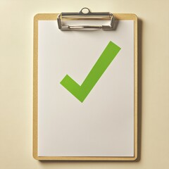 Successful completion checkmark on clipboard in minimalist office environment