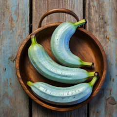 Blue Java Bananas (Ice Cream Bananas) on a Wooden Tray
