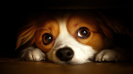 Playful dog peeking curiously out from behind a wall in the soft twilight light, capturing a charming moment.