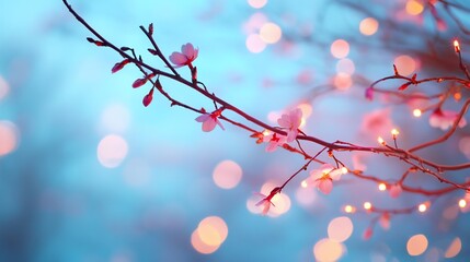 Branch with delicate pink flowers and bokeh lights on a soft blue backdrop