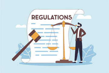 Regulations, law or rules, authority, legislation or government lawsuit, legal document justice or courthouse, verdict or punishment concept, businessman hold gavel with scale and regulation document.