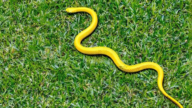 Yellow snake on the grass. Green and yellow lawn with a snake. A glare of light from a giraffe in nature. A yellow serpent is on the lifestyle grass.