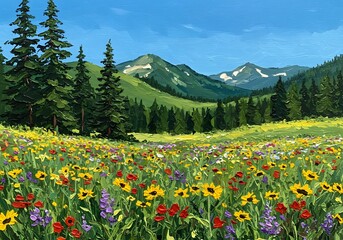 Fototapeta premium Stunning Mountain Meadow Filled with Colorful Wildflowers Under a Bright Blue Sky.