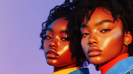 Fototapeta premium Two young women stand closely together, displaying their beautiful features and glowing skin. The vibrant background highlights their trendy outfits and strong expressions