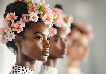 Obraz premium Close-up of multiple models walking on the runway, wearing white gowns with black polka dots and pink flowers in their hair, in a minimalist style
