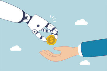Artificial intelligence AI make money, data licensing resource for AI training payment, automation investment, robot trading or banking concept, AI robot hand giving dollar money to businessman.