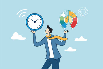 Time management, efficiency, productivity to finish work, delegation, finish tasks, prioritize responsibility, manage schedule, planning concept, businessman holding time clock with pie chart routine.