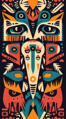 Abstract symmetrical totem pole design with geometric colorful shapes
