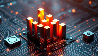 Futuristic digital data visualization with glowing 3D bar graphs 