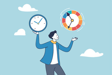 Time management, efficiency, productivity to finish work, delegation, finish tasks, prioritize responsibility, manage schedule, planning concept, businessman holding time clock with pie chart routine.