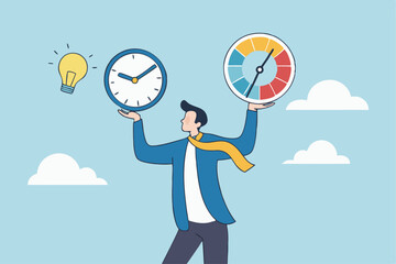 Time management, efficiency, productivity to finish work, delegation, finish tasks, prioritize responsibility, manage schedule, planning concept, businessman holding time clock with pie chart routine.