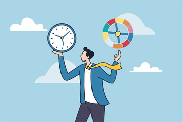 Time management, efficiency, productivity to finish work, delegation, finish tasks, prioritize responsibility, manage schedule, planning concept, businessman holding time clock with pie chart routine.