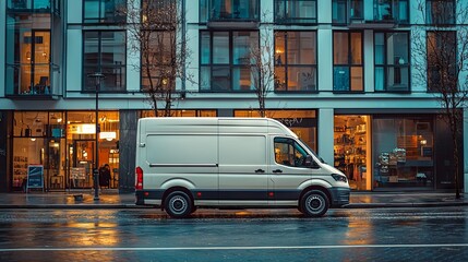 Delivery Van Parked in Urban Setting with Modern Architecture Background