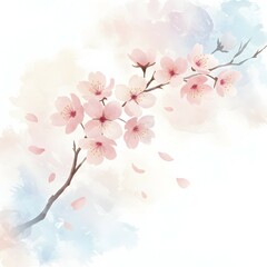 Fototapeta premium Elegant Watercolor Cherry Blossom Branch with Floating Petals in Soft Spring Tones.