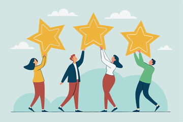 Employee survey, customer feedback rating or performance review, five stars service, best experience or feedback and engagement concept, business people employees holding 5 stars rating feedback.
