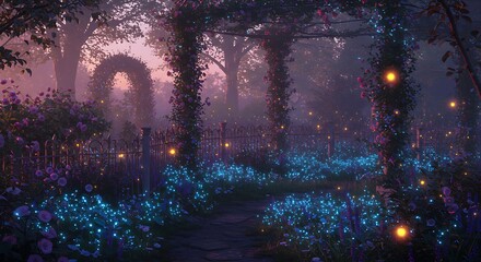 Fototapeta premium A fairytale-inspired garden, with bioluminescent blue flowers and soft pink fireflies glowing in the twilight.