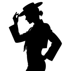 Stylish female silhouette, adjusting her hat with confidence against on a transparent background, copy space