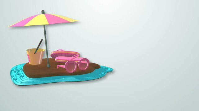 Cute items for a beach vacation. Umbrella, sunglasses, flip-flops. Background for advertising, information about vacation at sea
3d computer graphics
