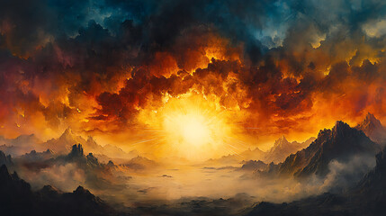 Fototapeta premium A supernatural tempest of fire and mist roars above the desert, celestial energy surging through the storm, divine protection glowing in golden hues, eerie darkness on the other side, hyperrealistic,