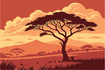 61 African savanna sunset, lone acacia tree silhouette, dramatic fiery sky, golden hour, expansive plains, distant hills, atmospheric clouds, vibrant orange and red hues, serene landscape, nature phot