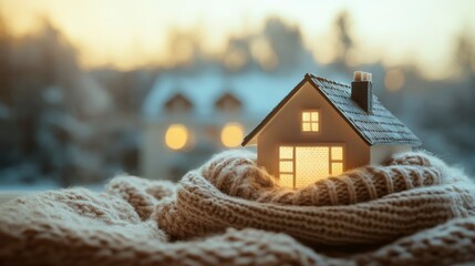 Cozy illuminated miniature house nestled in warm knitwear against a snowy winter backdrop.