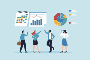 Business planning, development schedule, project management calendar or checklist, brainstorming or analyzing employee, resource management concept, business people discussing business plan schedule.