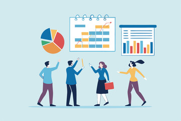 Business planning, development schedule, project management calendar or checklist, brainstorming or analyzing employee, resource management concept, business people discussing business plan schedule.