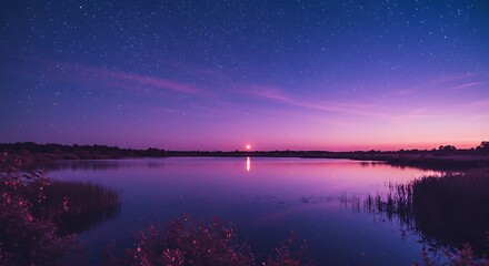 A fantasy-inspired moonlit lake, glowing with a soft purple and pink aura under a sapphire sky.