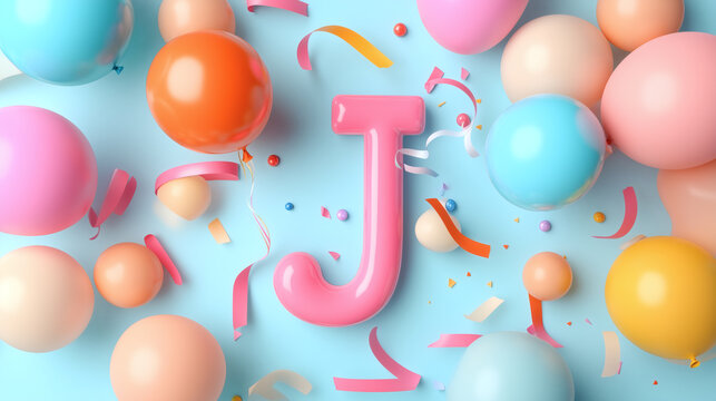 Brightly colored balloons surround a large pink letter J on a blue backdrop, creating a festive mood ideal for birthday celebrations or themed events