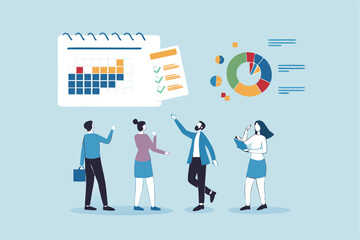 Business planning, development schedule, project management calendar or checklist, brainstorming or analyzing employee, resource management concept, business people discussing business plan schedule.