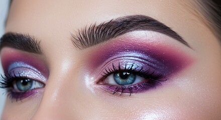 A holographic makeup look, with eyeshadow blending from icy blue to soft pink and deep purple shimmer.