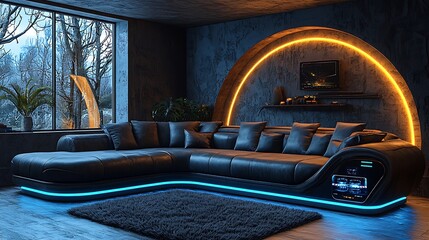Fototapeta premium Elegant black leather sofa with glowing edges high resolution picture