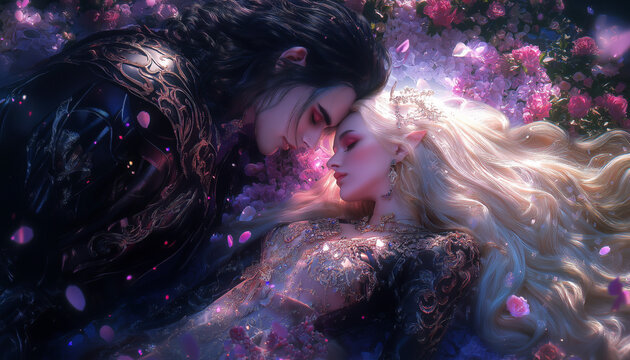 Fantasy Romance: Lovers Embracing in a Floral Dreamscape