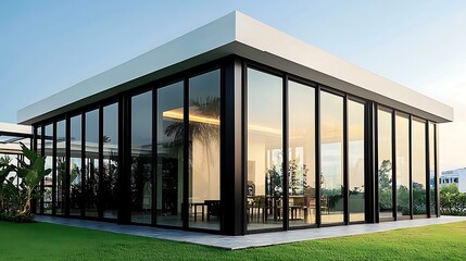 Fototapeta premium Modern Glass House Surrounded by Greenery and Bright Sky