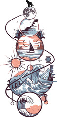 Abstract nautical circular elements with waves, a sailing boat, mountains, a wolf howling at the moon.