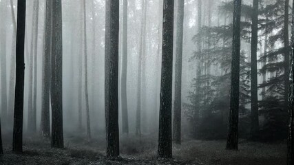 Foggy forest with trees and leaves. Black and white art of the forest. Fog and foliage of a tree. Misty woodland featuring trees lifestyle and foliage.