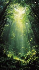 Obraz premium A green forest with sunlight streaming through the trees creates an atmosphere of tranquility and oneness with nature, ideal for the design of environmental projects,