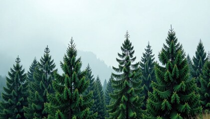 Fototapeta premium Evergreen trees standing tall against a grey sky, tree landscape, evergreen forest