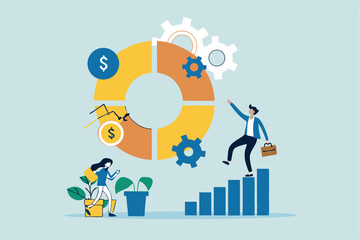 Balanced scorecard measuring performance from financial, customer, process, learning and growth, KPI key performance indicator, efficiency concept, businessman with balanced scorecard chart diagram.