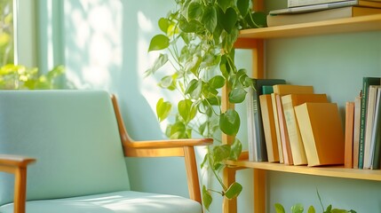Cozy Reading Nook with Greenery and Books on Wooden Shelves