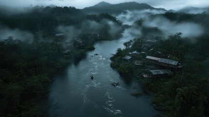 Fototapeta premium Misty Rainforest River Valley with Indigenous Village