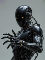 Naklejka premium Sleek Black Robot with Glowing Yellow Eyes Extending Hand Against Gray Background