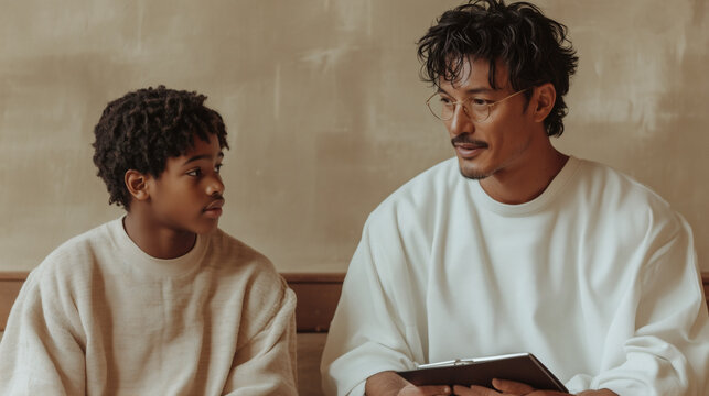 A father and son engage in a deep conversation on a comfortable couch, surrounded by a warm and modern interior, reflecting a nurturing atmosphere