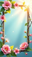 Obraz premium Spring themed Rectangular wooden decorative frame with text inside in sun rays, is adorned with spring pastel flowers on spring blue pastel background. AI generated