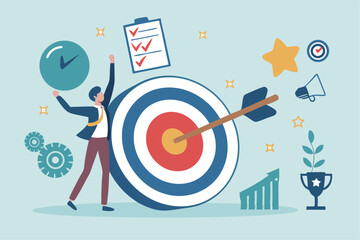 Goals setting, target achievement, focus on success outcome, planning to reach target bullseye, measurable result or clarity motivation concept, businessman with target bullseye and goal elements.