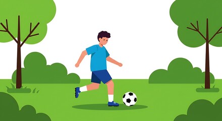 Fototapeta premium Boy Dribbling Soccer Ball in Green Park Illustration Style