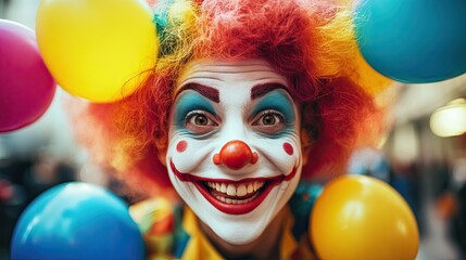Smiling clown with colorful wig and bright face paint surrounded by balloons at a festive carnival celebration