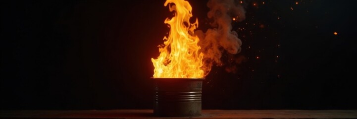 Fototapeta premium Flaming inferno erupts from a metallic container on dark black background, fiery explosion, flames