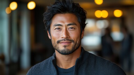 Portrait of a smiling man in a cozy caf? setting with warm lighting